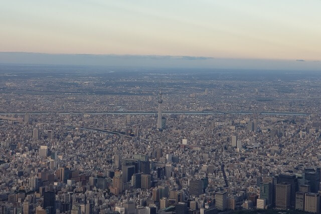 飛行機内から撮ったスカイツリーの写真