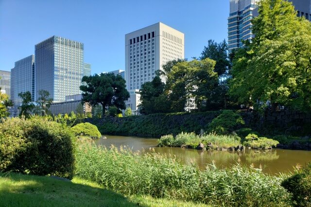 日比谷公園の心字池と周りの風景